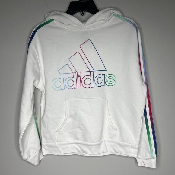 Adidas Girls Multicolor 3-Stripe Fleece Pullover Hoodie White XL (16) - Picture 2 of 8